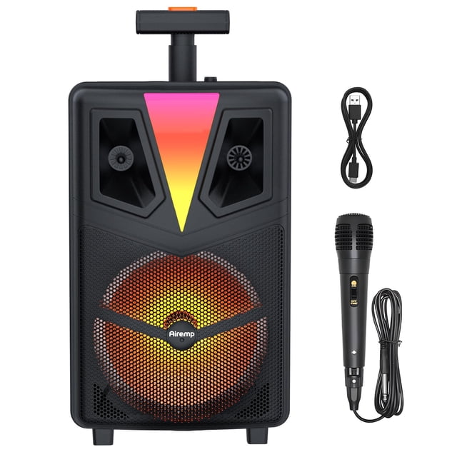 AIRAMP Bocina Bluetooth Grande con Potencia Máxima de 15 W con Ruedas Karaoke Bocina y Micrófono Ideal para Fiestas Grandes y Uso en Exteriores Compatible con USB/TF/Rec/AUX