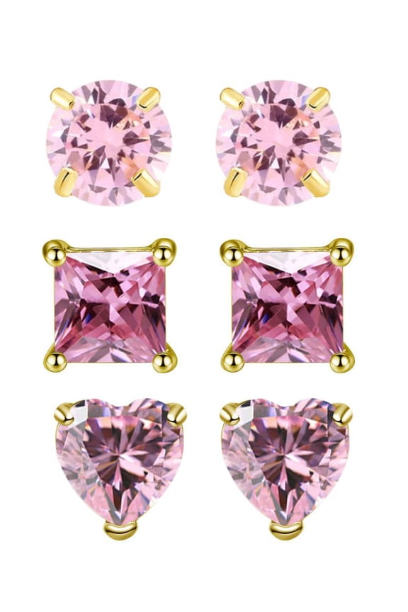 18k Yellow Gold Created Tourmaline 3 Pair Round, Square And Heart Stud Earrings Plated 4mm