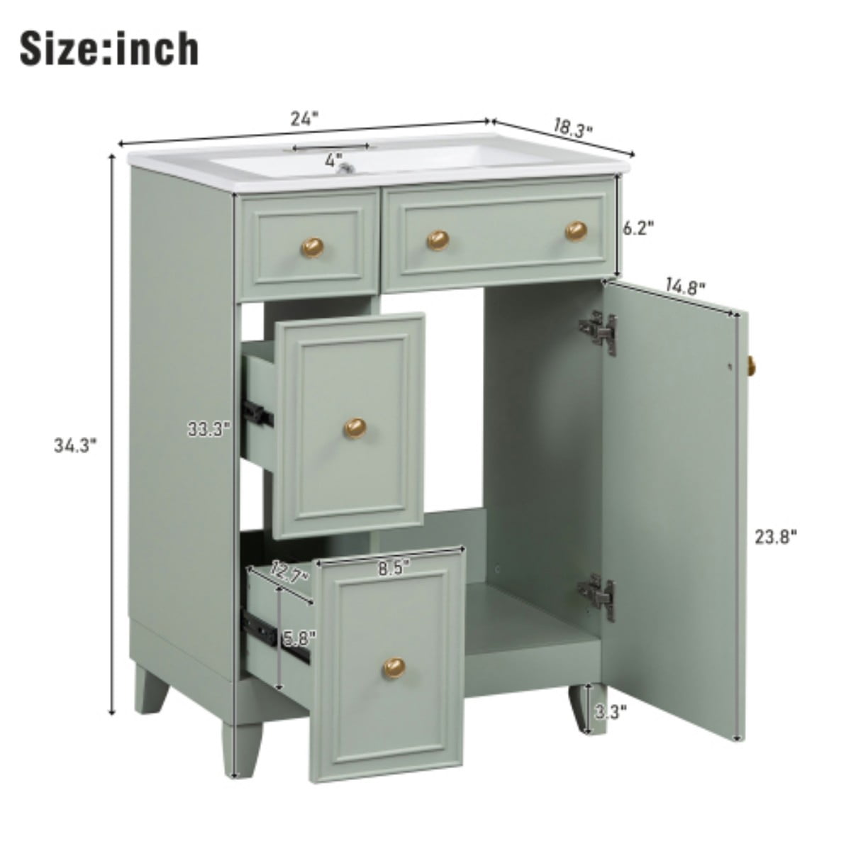 24" Bathroom Vanity with Ceramic Sink, Small Bathroom Vanity Cabinet with 2 Drawers and 1 Door, Freestanding Storage Cabinet, Green