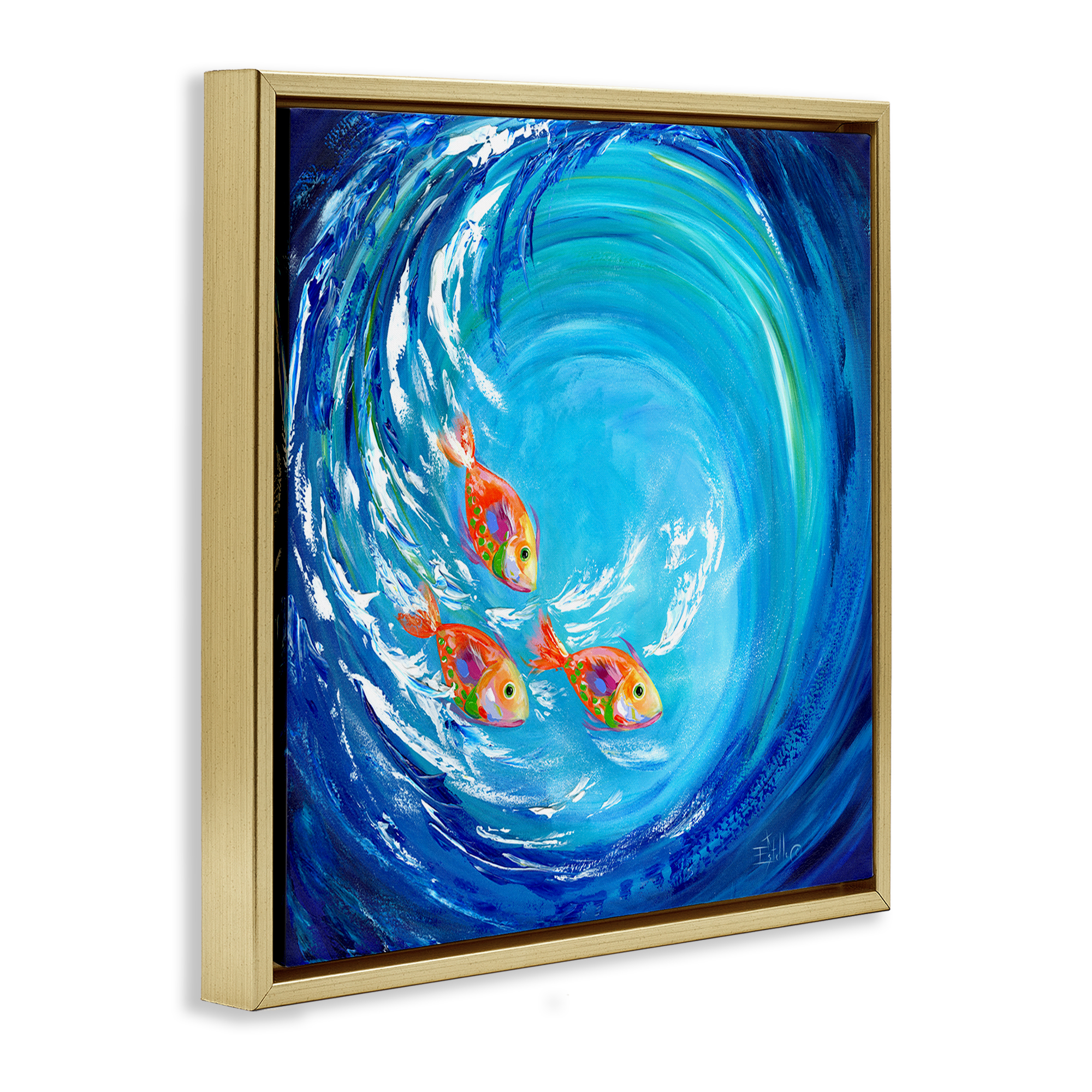 Stupell Industries Into The Blue Fish Landscape Painting Gold Floater Framed Art Print Wall Art, 25 x 25