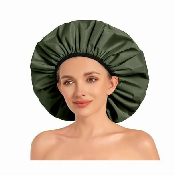 wonima11 Extra Large Shower Caps for Women Reusable Waterproof, Double-Layer Washable Jumbo Bath Hair Bonnet, Satin Lining Shower Hat for Thick, Curly, Long Hair, Braids(Big Green)