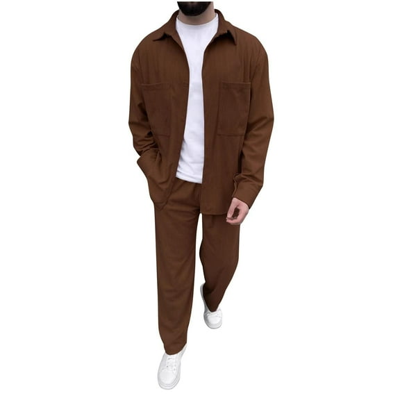 Aofany Mens Casual 2Pc Outfits Solid Color Lapel Neck Long Sleeve Shirts and Pant Sets Man Tracksuits Streetwear