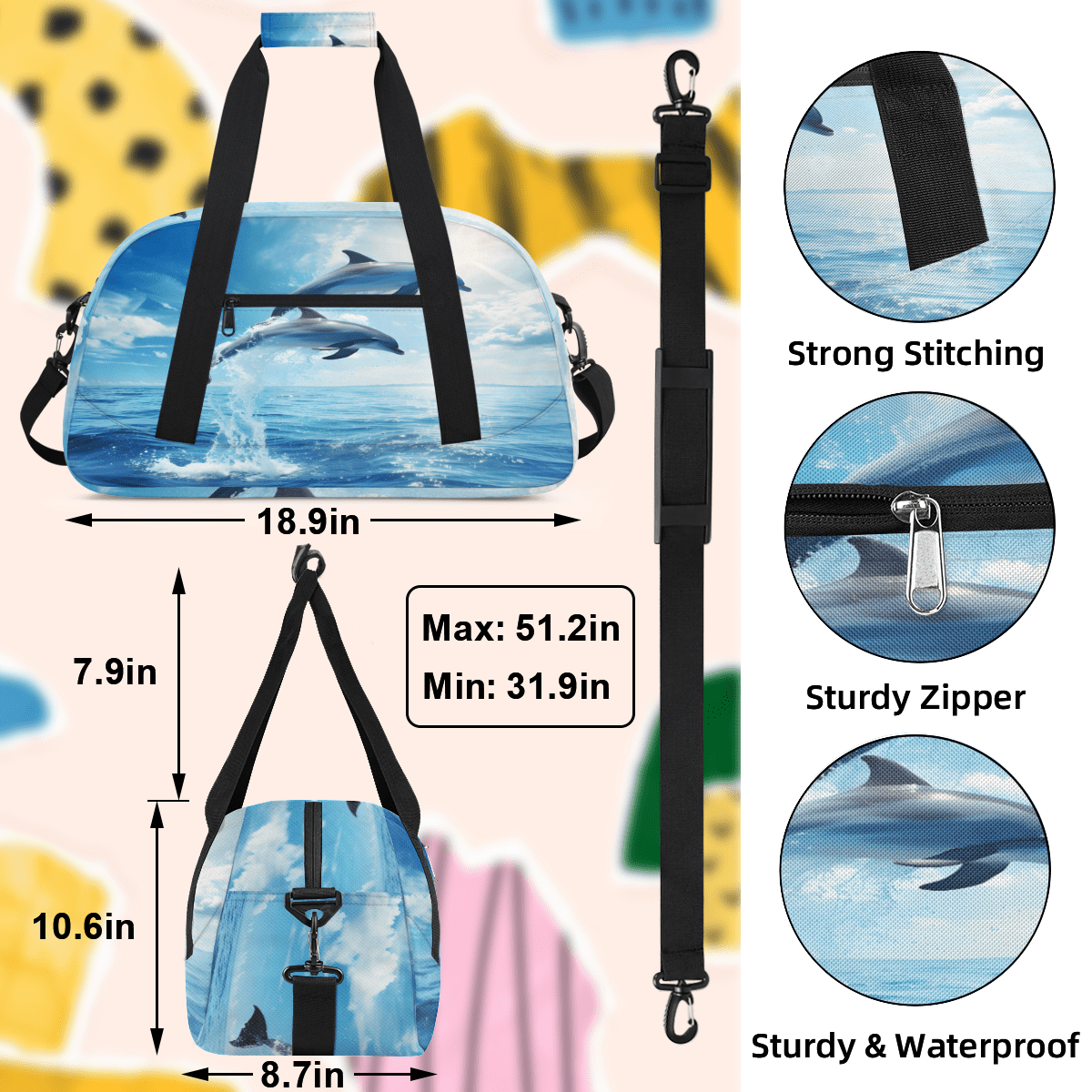 Herdesigns Ocean Sea Dolphin Sports Duffle Bag for Women & Men, Gym Bag Dance Bag Overnight Bag Carry On Weekender Travel Bag