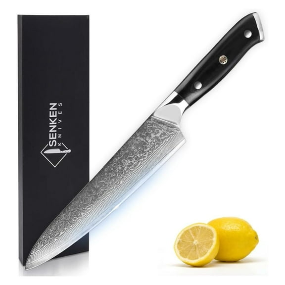 SENKEN 8" Damascus Steel Chef's Knife - Shogun Collection - 67-Layer Japanese VG10 Steel with G10 Full Body Handle, Full- Blade, 15° Edge for Ultra Fast and Razor Sharp Cutting