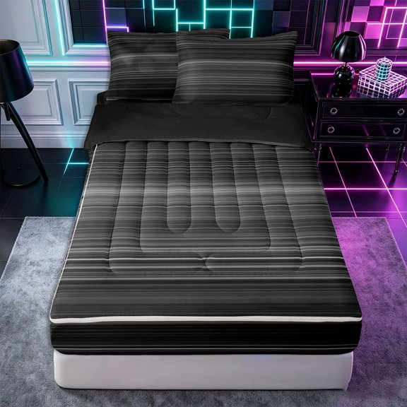 Castle Fairy Geometric Gradient Horizontal Stripe Zipper Twin Comforter Sets with Fitted Sheet and 2 Pillowcases,Minimalist Thin Line Zipper Bedding Set,Black Gray Silver,Reversible