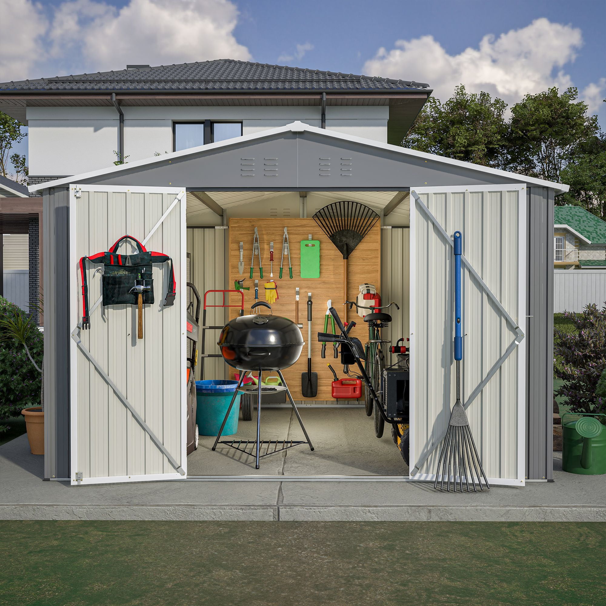 10x10 FT Outdoor Storage Shed, Large Steel Metal Garden Shed with Lockable Door, Storage Tool House for Bike Storage, Tool Storage, Temporary Storage, Backyard, Garden, Patio, Lawn