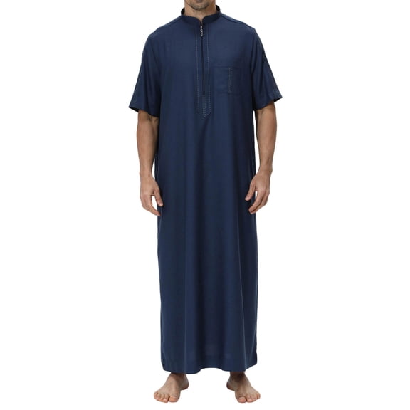 JAJAHO Mens Kaftan Abaya Thobe Traditional Clothes Short Sleeve Quarter Zip Stand Collar Long Robe Loose Fit Arab Thobe With Pocket