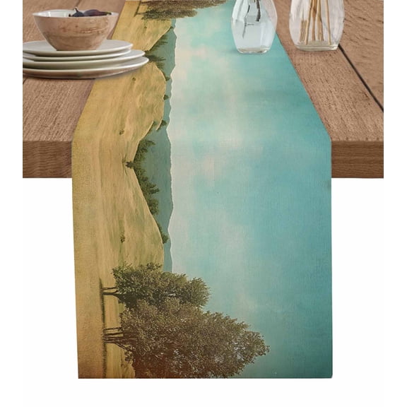 Turquoise Sky Hills Table Runner 70 Inches, Vintage Country Landscape Bed Runner Dresser Scarves Tabletop for Indoor Outdoor Parties/Ceremony/Banquet, 13" x 70"