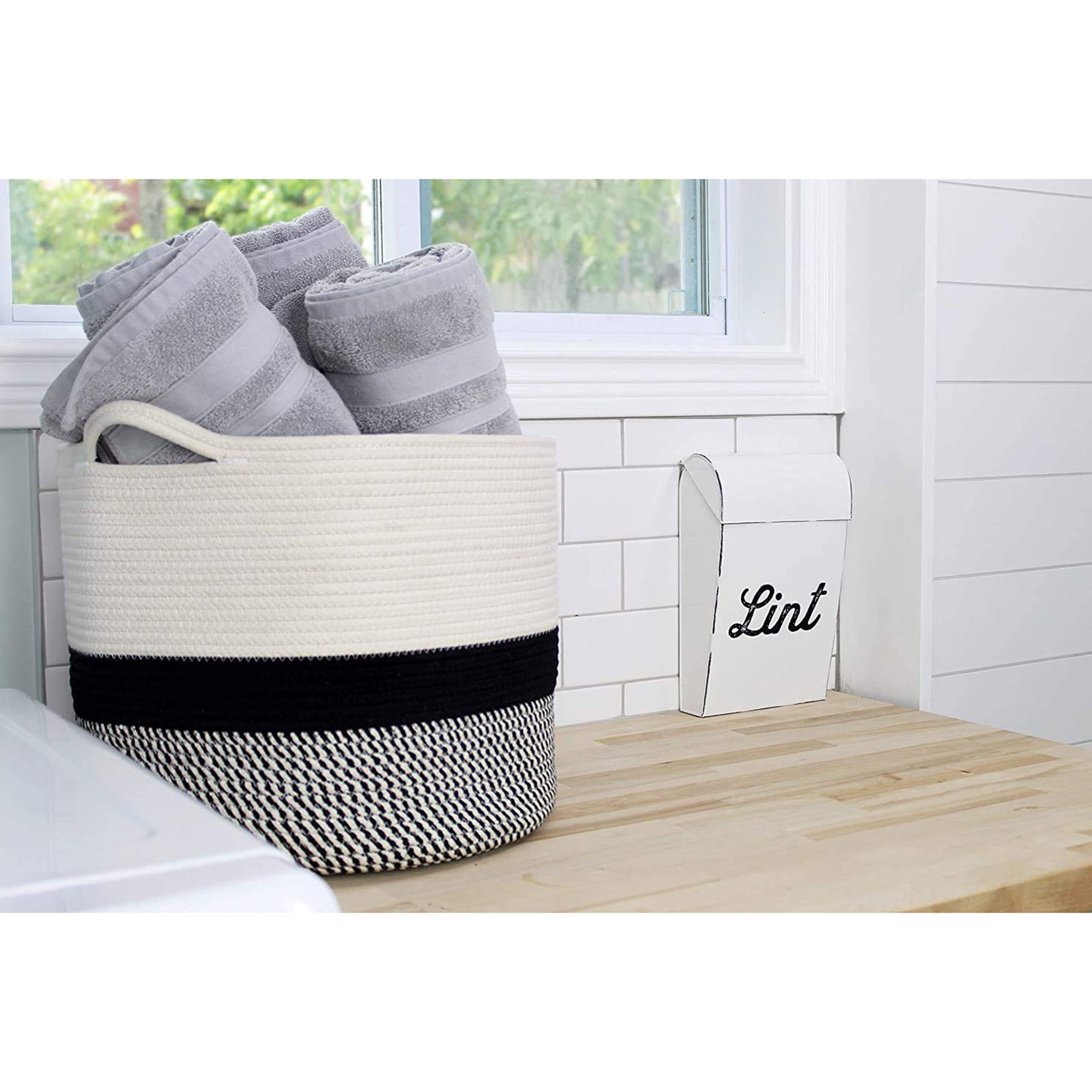 AuldHome Design Farmhouse Enamelware Lint Holder Bin; Distressed White Laundry Room Decor