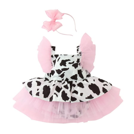 

Toddler Baby Girls Romper Dress Cow Print Tulle Clothes Sleeveless Dresses Hair Band Headband Outfits Set Toddler Girls Christmas Outfits