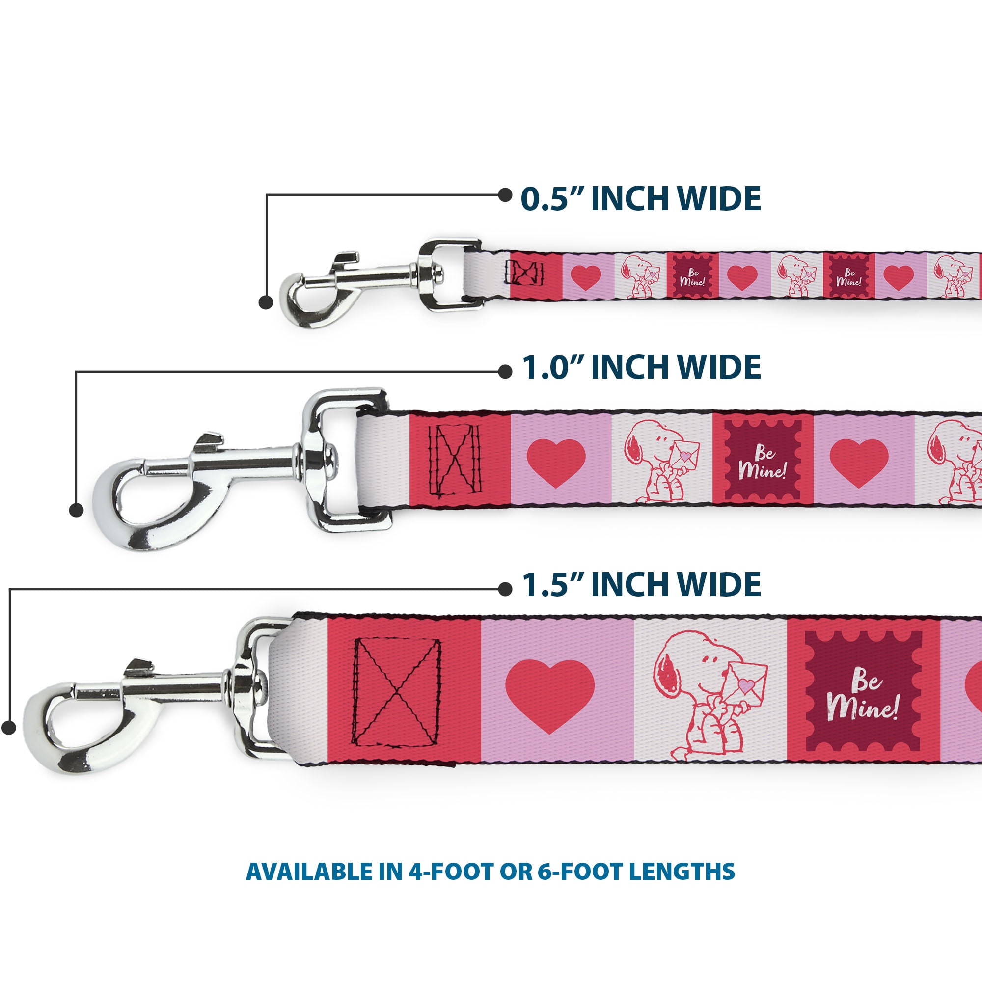 Peanuts Worldwide LLC Pet Leash, Dog Leash, Peanuts Snoopy Be Mine Valentine Pose and Icons White Reds, 6 Feet Long 1.0 Inch Wide