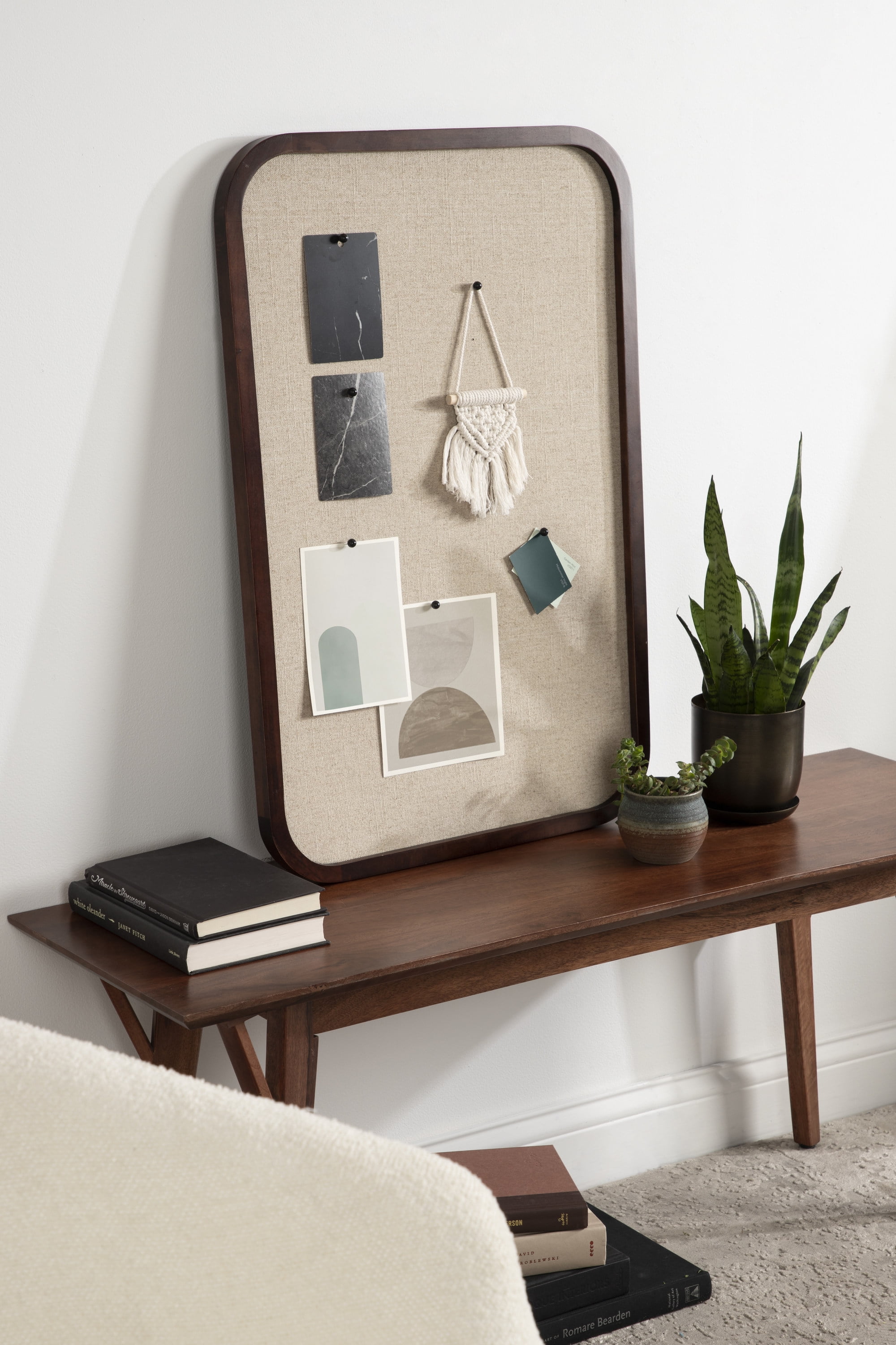 Kate and Laurel Hutton Transitional Pinboard, 20 x 30, Walnut Brown, Radius Rectangle Wall Organizer with Fabric Pinning Surface