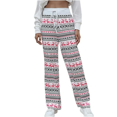 

Women s Comfy Stretch Christmas Print Elastic Waist Drawstring Long Palazzo Wide Leg Lounge Pajamas Pants Trousers