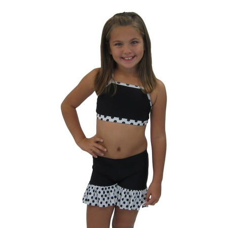Girls Black White Polka Dotted Cheer and Dance Top Shorts Set