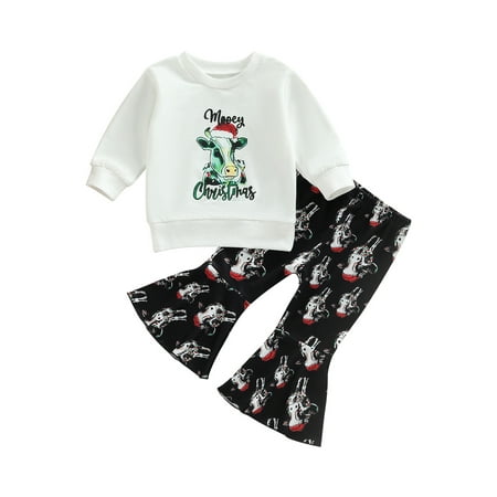 

AMILIEe Newborn Baby Girl Christmas Outfit Letter Long Sleeve Sweatshirt Tops Bell Bottoms Pants