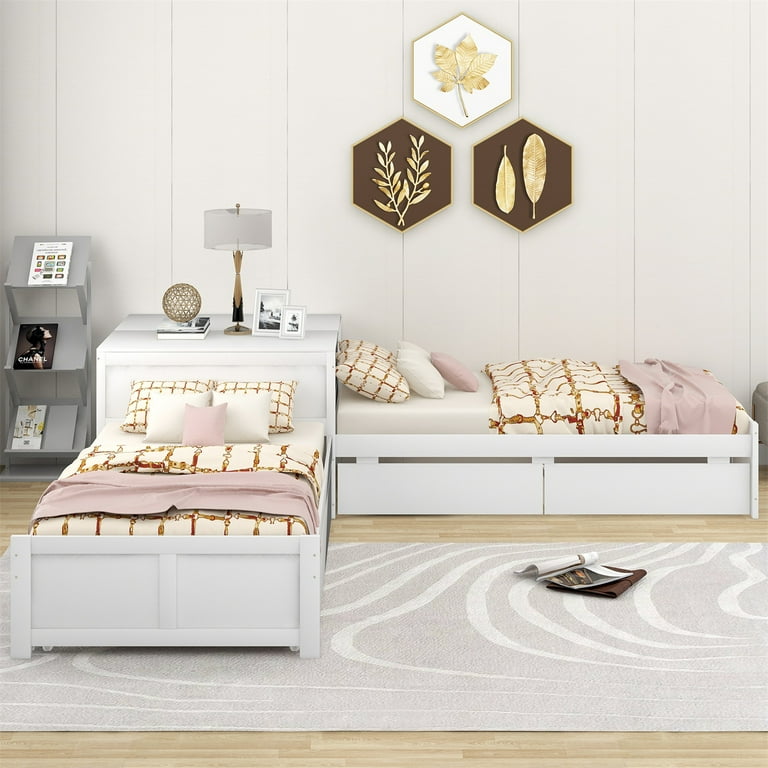 L Shaped Platform Bed Twin Size Platform Bed Frame with Trundle and Drawers Linked with built in Flip Square Table Wood Twin Corner Bed Frame for