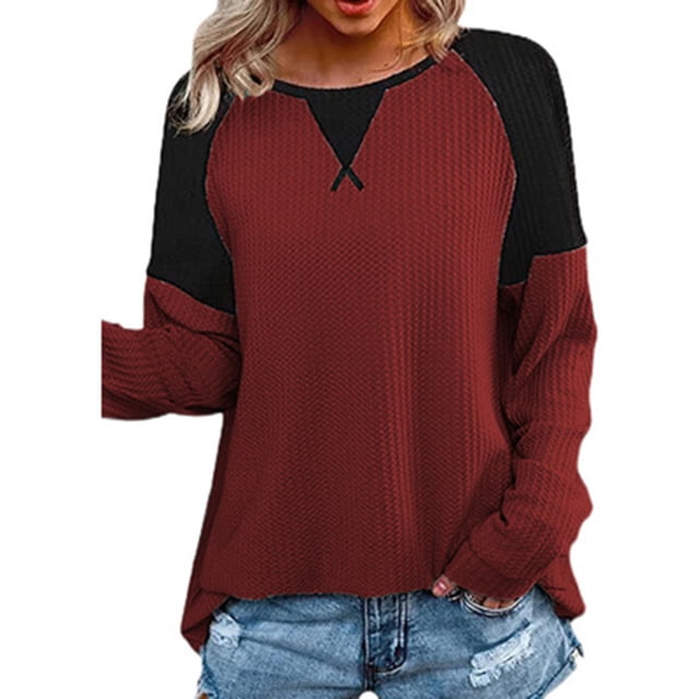 Pompotops Mode T-Shirt d'Été pour Femmes Manches Longues Patchwork Décontracté Blouse