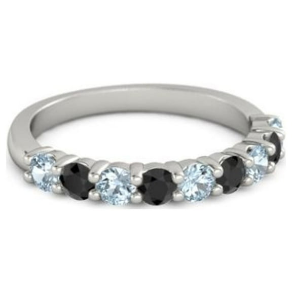 925 Sterling Silver Round 2.50 MM Aquamarine Black Spinel Eternity Women Stackable Ring