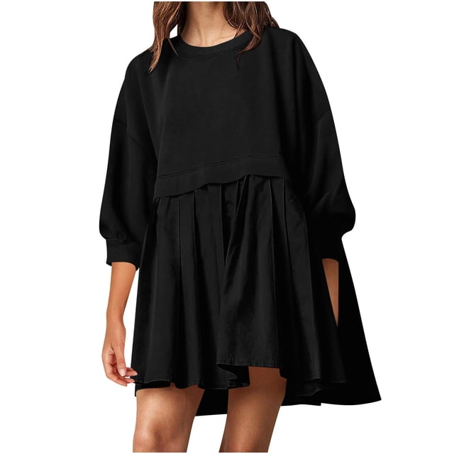 50 % de Réduction! Vêtements pour Femmes, Robe de Sport à Col Rond Manches 3/4 Patchwork, Mini Jupe Ample, Noire, P