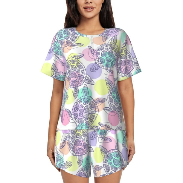 Fotbe Sea Turtles Conjunto de Pijama Estampado para Mujer, 2 Piezas, Ropa de Dormir con Camiseta de Manga Corta y Shorts Suaves-Small