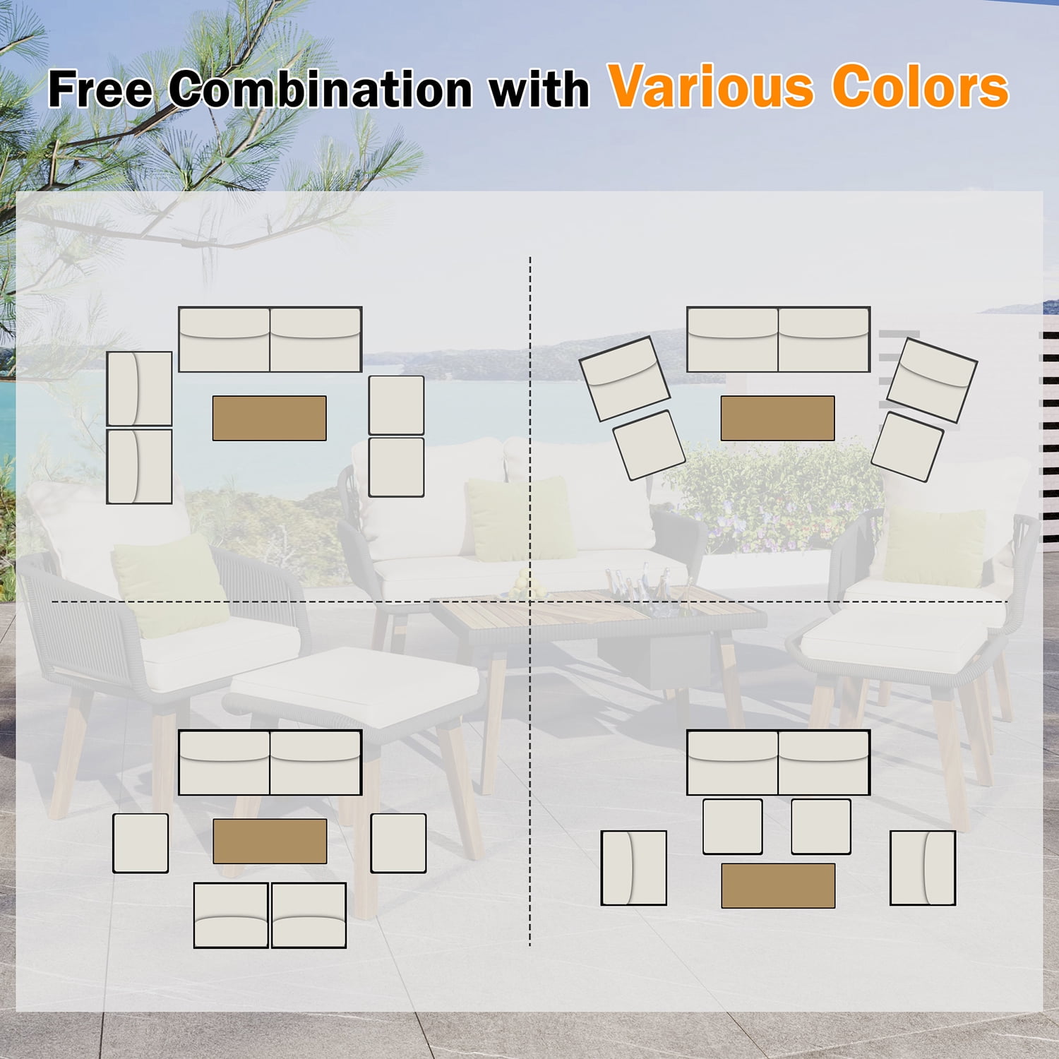 Aimee Lii Outdoor Patio Acacia Wood & Rope 6-Piece Furniture Set with Ice Bucket, Patio Conversation Set with Ottomans, Beige