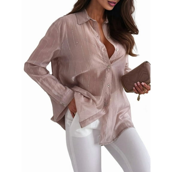 Women'S Sheer Mesh Button Down Shirt Top Long Sleeve Solid Color Hot Diamond Blouse Khaki XL