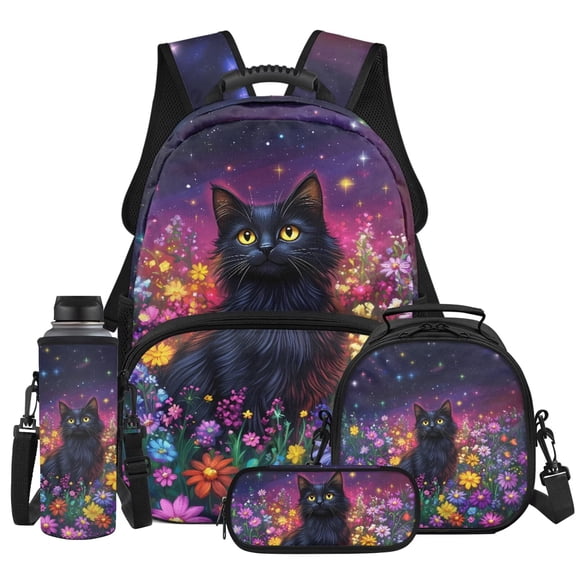 HUIACONG 4Pcs Kids School Backpack for Girls, Galaxy Black Cat Bookbag with Water Bottle Cover, Lunch Bag Set for Girls Teens, Adorable Girl Backpacks for Schools