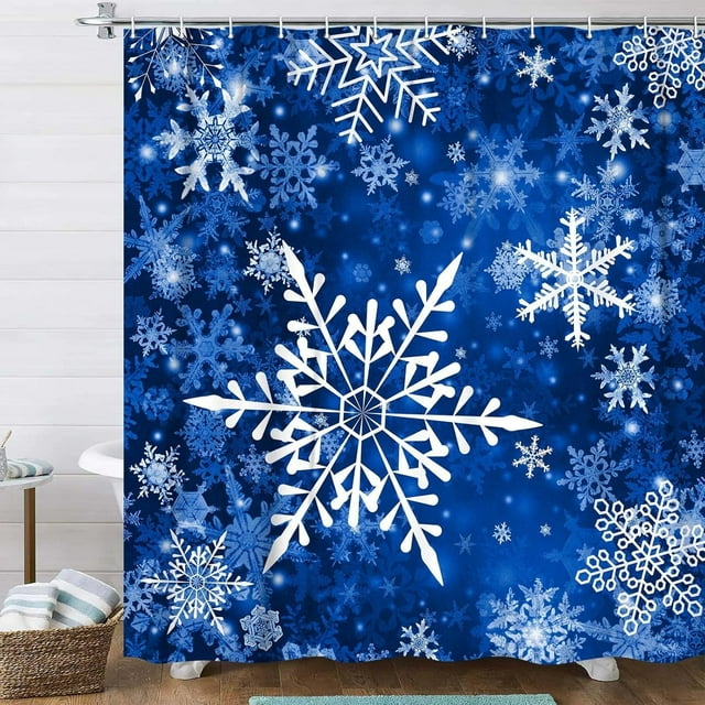 Ensemble de Rideaux de Douche Flocon de Neige de Noël, Rideaux de Douche de Noël pour Salle de Bain, Rideau de Douche Bleu d'Hiver Décoratif de Noël, 72x72 Po