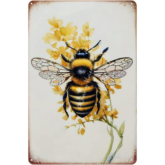 Antique Tin Sign Bee Decor, Floral Wall Decor, Fun Decorative Sign, Bee Decorations For Home, Bee Kitchen Decor, Insect Honey Bumblebee Gift for Friends Sisters Mom 12x8 Inches
