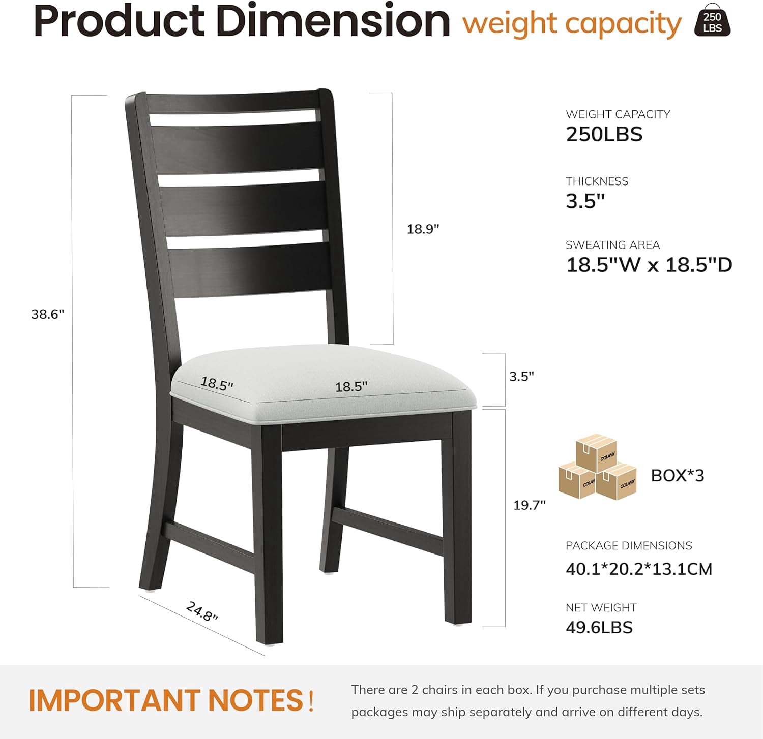 COLAMY SERA Solid Wood Dining Chair Set of 4 with Fabric Upholstered Cushion, Ladder Back Farmhouse Kitchen Chair, Modern Two-Tone Chair for Home and Restaurant, Black