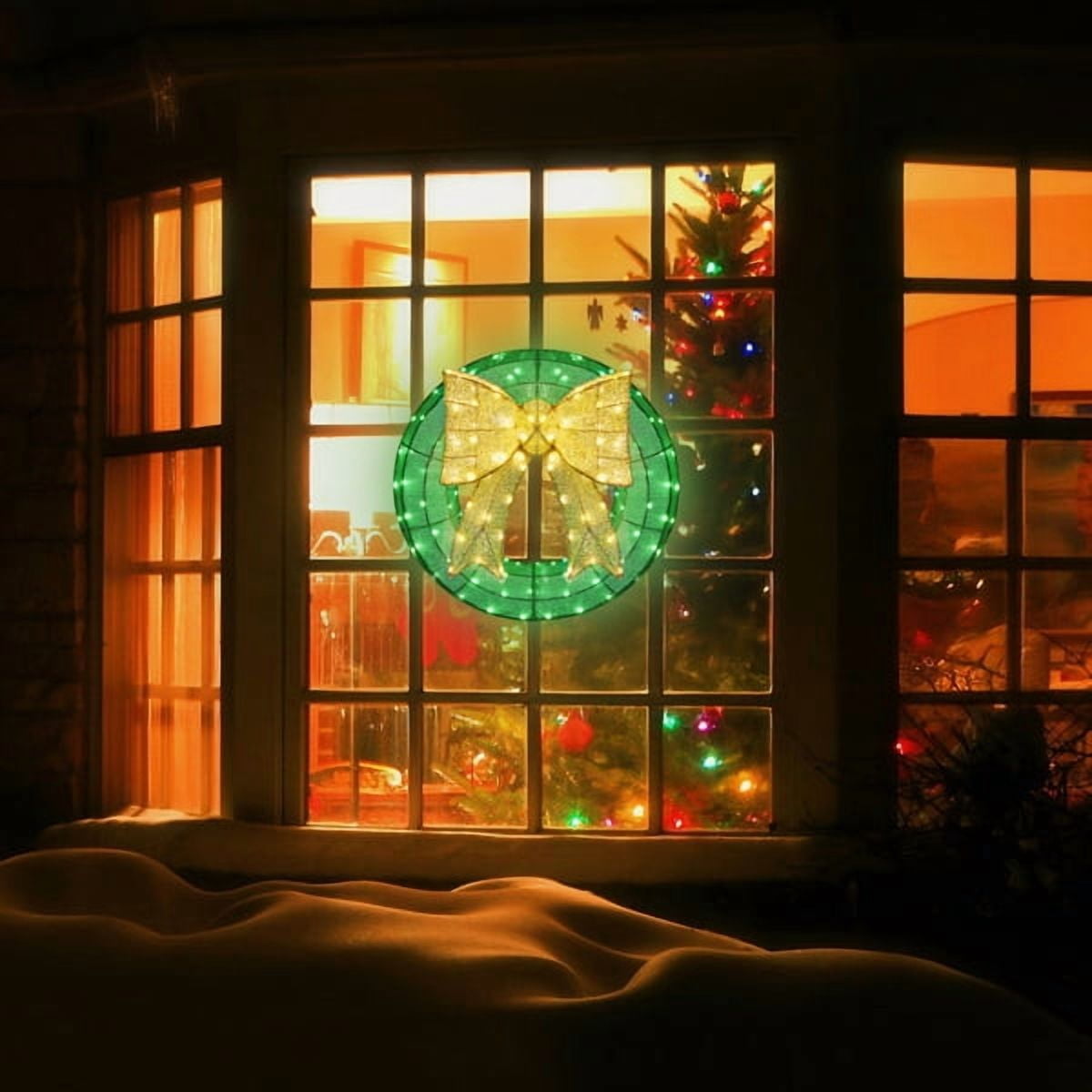 Alvantor 24 in Pre-Lit Christmas Wreath with 200 Green and Warm White LED Lights, Golden Bow and Weather-Resistant Metal Frame