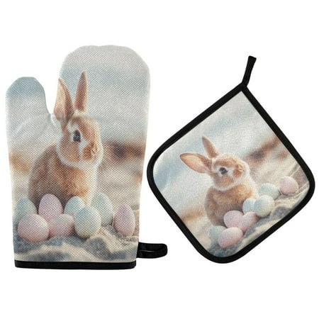 

Heat Resistant Oven Glove & Hot Pad Set Reusable and Washable Kitchen Combo for Baking BBQ Oven Microwave Easter Bunny with Eggs