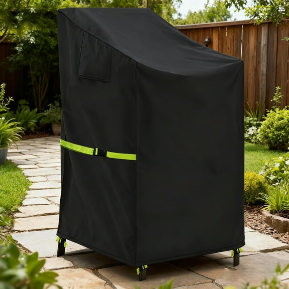Patio Stackable Chair Cover - 600D High Back Outdoor Chair Cover Waterproof & Heavy Duty, 1 Pack Lawn Furniture Stacking Seat Cover for 4 - 6 Outdoor Stackable Dining Chairs - 28 x 36 x 47 Inch