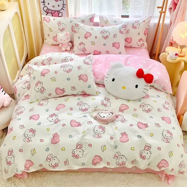 Sanrio Hello Kitty Bedding Set Cute Cotton Four Piece Double Queen Size Bed Linens Pillowcase Girl Dorm Bedclothes Home RJ