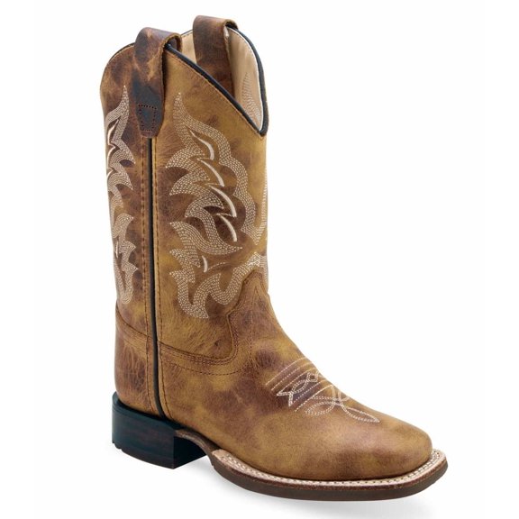 Old West Youth Unisex Broad Square Toe Burnt Tan Leather Cowboy Boots 6.5 D