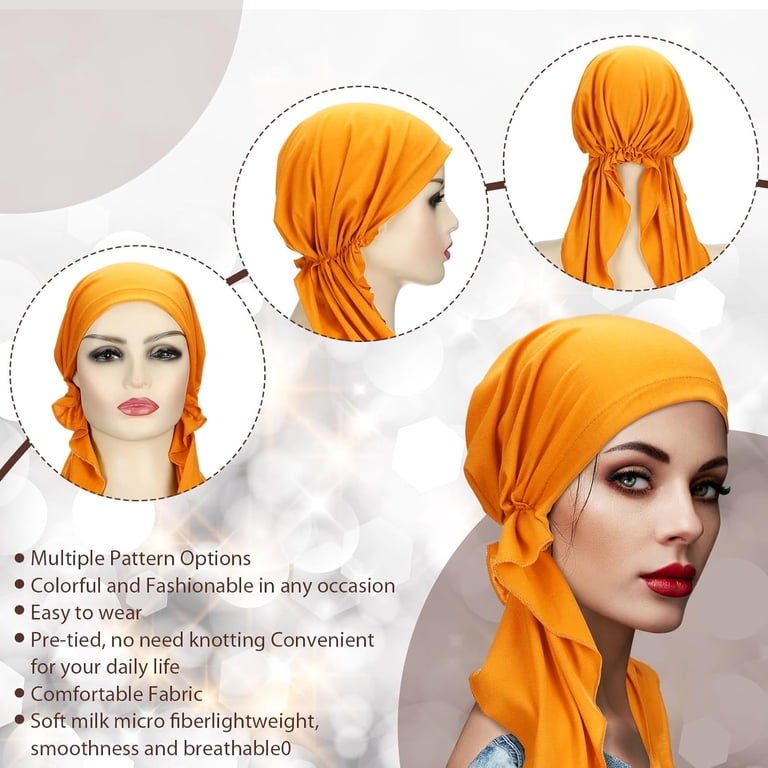 Pre-Tied Turban Head Wraps Chemo Caps Headwear Slip On Beanie Hat Bandana 4 Pack Amazon.com: Generic 4 Pack Women Chemo Hat Turban Beanie  main image 4