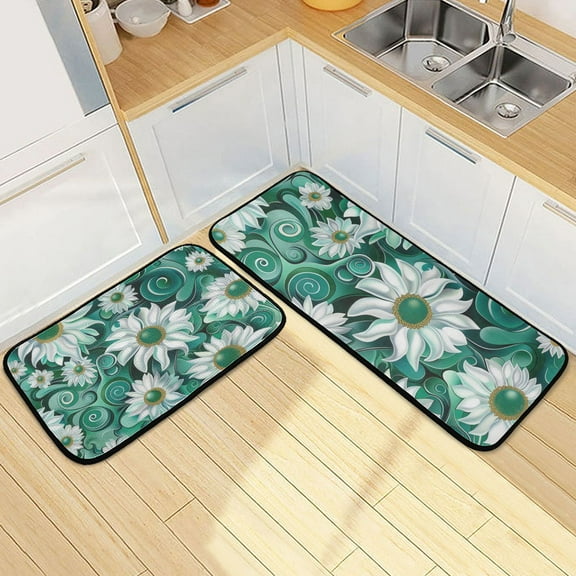 Daisy White Blue Kitchen Rugs Set Non Slip Mats Runner for Dining Room