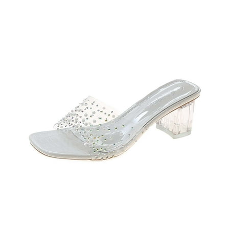 

Summer Saving Clearance! Kukoosong Block Heels for Women Summer Casual Slippers High Heel Chunky Heel Fashion Rhinestone Decoration Slippers Womens Sandals Beige 40