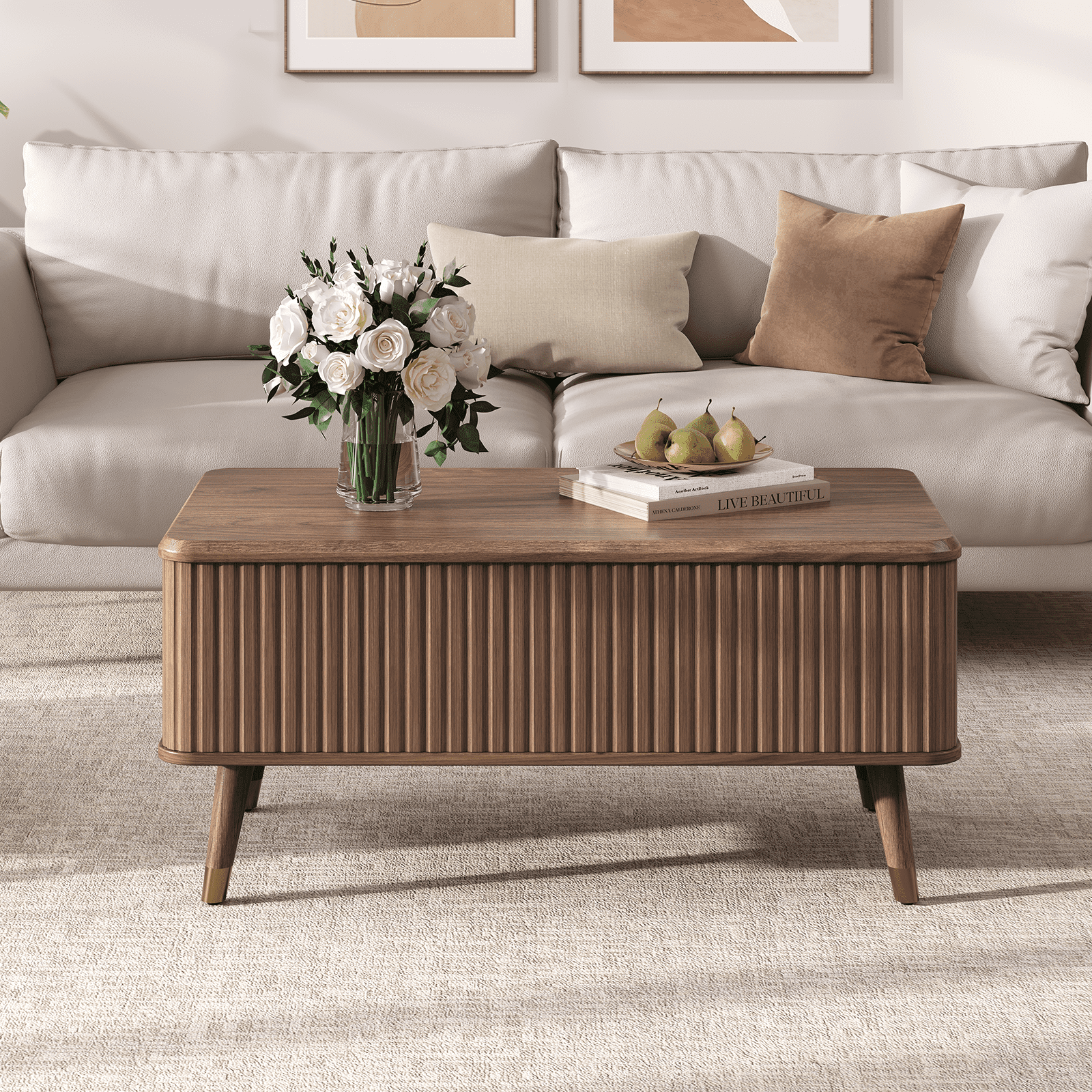 JOINICE Lift Top Coffee Table with Storage,Mid Century Modern Fluted Rectangle Center Table for Living Room,Walnut