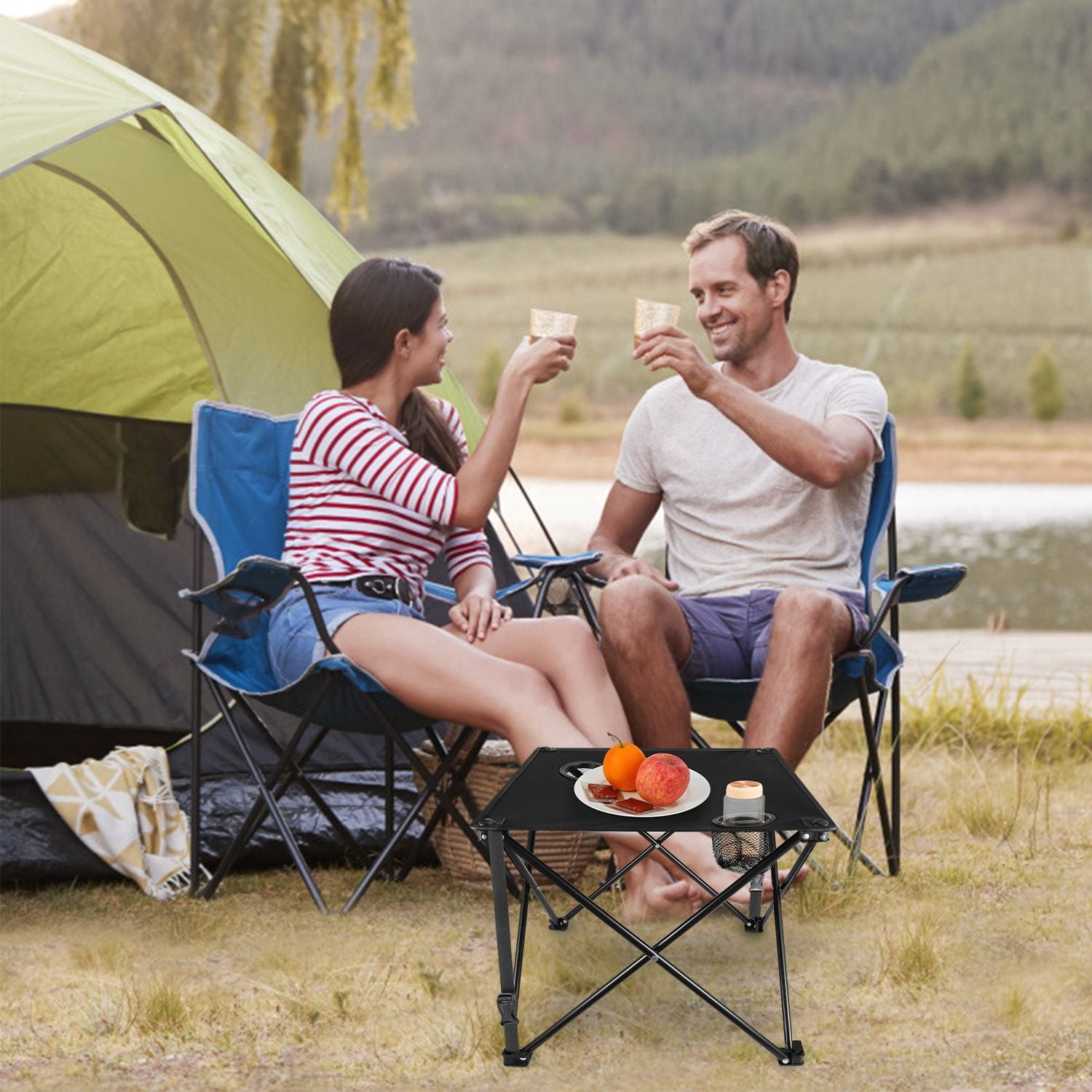 Foldable Camping Table Portable Picnic Table Lightweight Travel Desk with 2 Cup Holders Carrying Bag