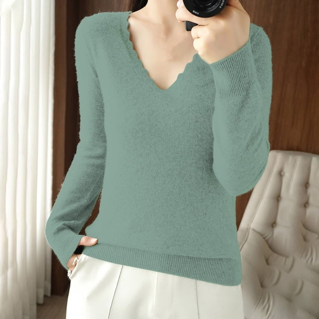 IMENGL Women's spring solid short lace v neck pullover, Green M, Size M-2XL