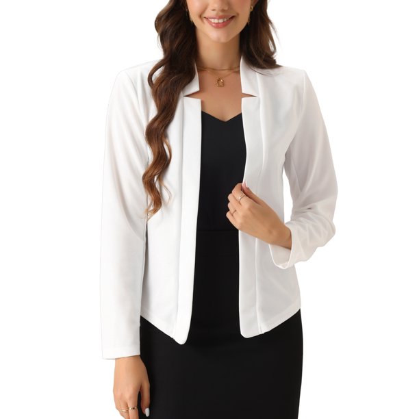 BLAZER DE OFICINA CHIC PARA MUJERES INSPIRADORAS, CON SOLAPA, MANGA LARGA, ESTILO NEGOCIO CASUAL, ABIERTO, TAMAÑO XS, BLANCO