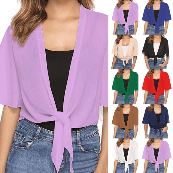 Women's 2026 Summer Lightweight Short Bolero Cardigan Shrug Sheer Tie Front Top short Sleeve Jacket for Dress Purple L