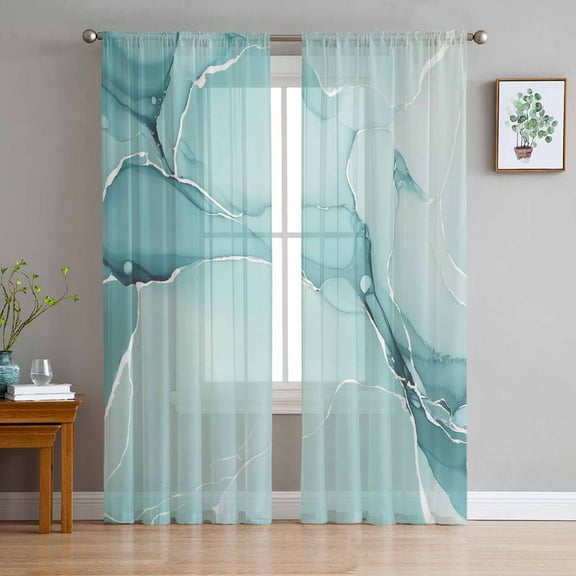 Turquoise Semi Sheer Curtains 72 Inch Length 2 Panels Set, Modern Marble Ink Painting Abstract Art Sheer Kitchen Curtain Privacy Voile Window Curtain for Living Room Bedroom Rod Pocket Drapes
