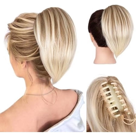 Claw Clip Ponytail Extension - 10 Inch Short Pony Tails Hair Extensions Soft Synthetic Straight Hair Extensions Ponytail Clip in Ponytail (Color: Blonde with Blonde Ends)