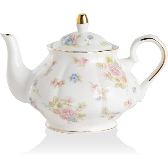 Ceramic Teapot with Infuser, Floral Relief Gold Rimmed Teapot, 29 OZ Porcelain Tea Pot for Blooming and Loose Tea, Coffee...(Small Flower)