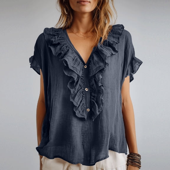 Craaazy Women Plus Size Tops Loose Fit Solid Color V Neck Ruffle Placket Short Sleeve Cotton T Shirts for Daily Wear Gift