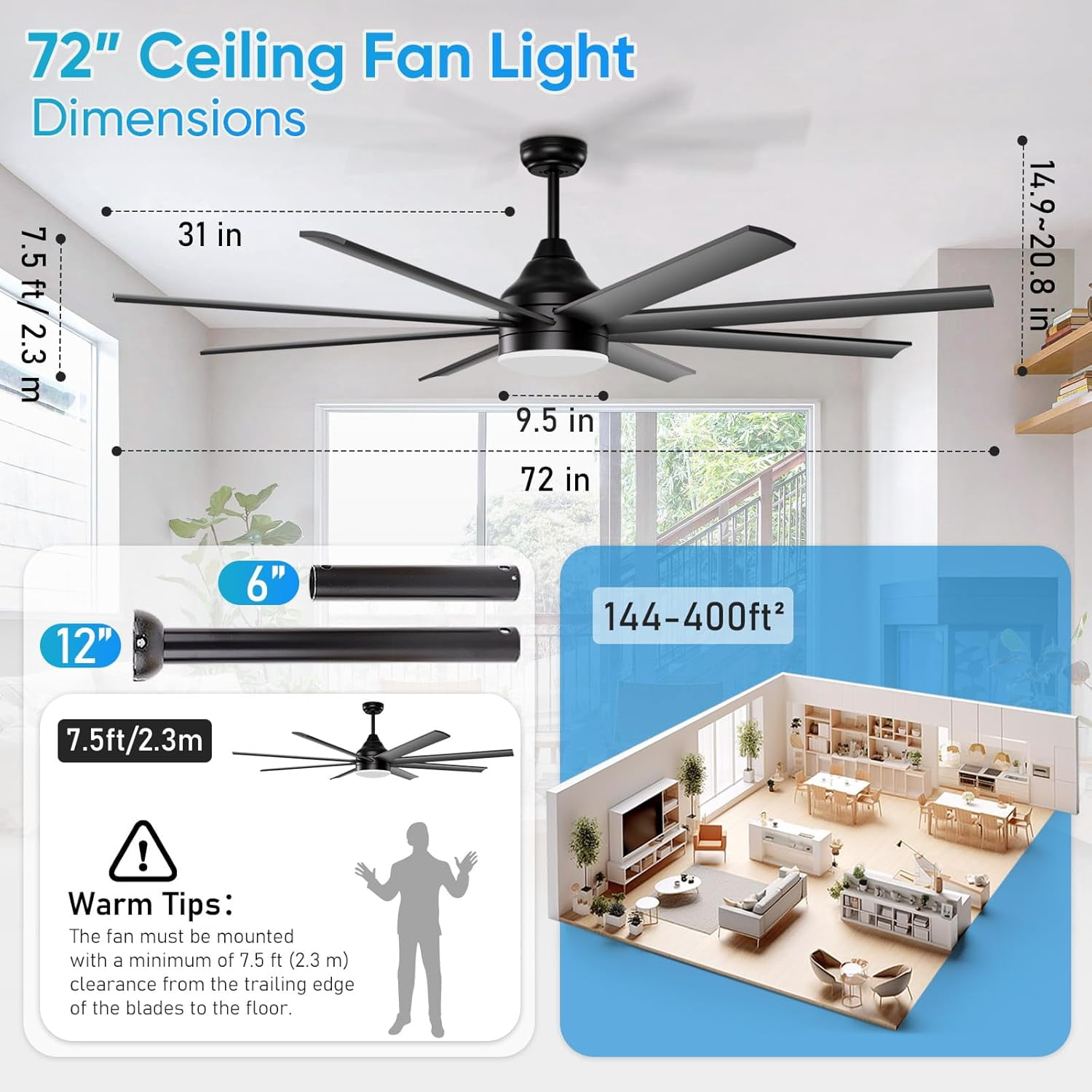 Nordic Hygge 72 Inch Large Ceiling Fans with Lights and Remote