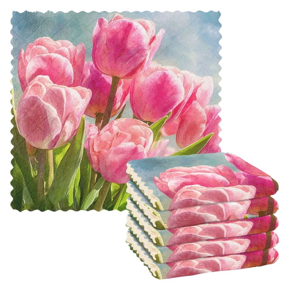 6 Pieces of Kitchen Towels 11x11Inch Kitchen Dish Cloths Kitchen Dish Towels Reuseable Cleaning Cloths Beautiful Pink Tulips
