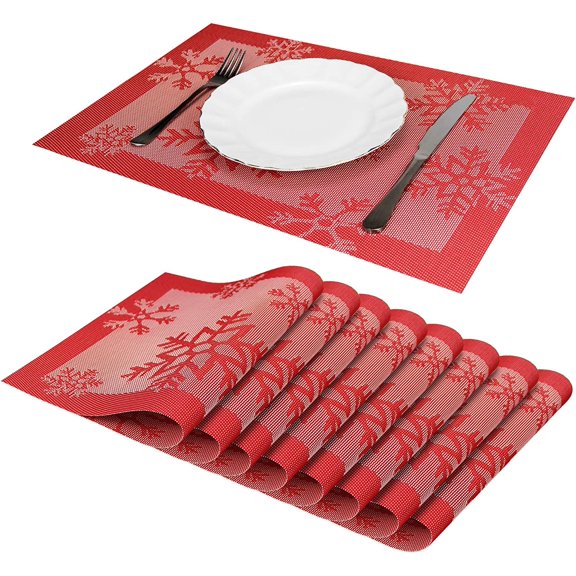 Christmas Placemats Set of 8 Non-Slip Washable PVC Heat Resistant Table Mats for Dining Table Christmas Red